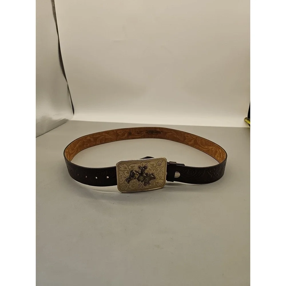 Leather Guild USA belt With Bull Riding‎ Buckle tooled leather Sz 38 New